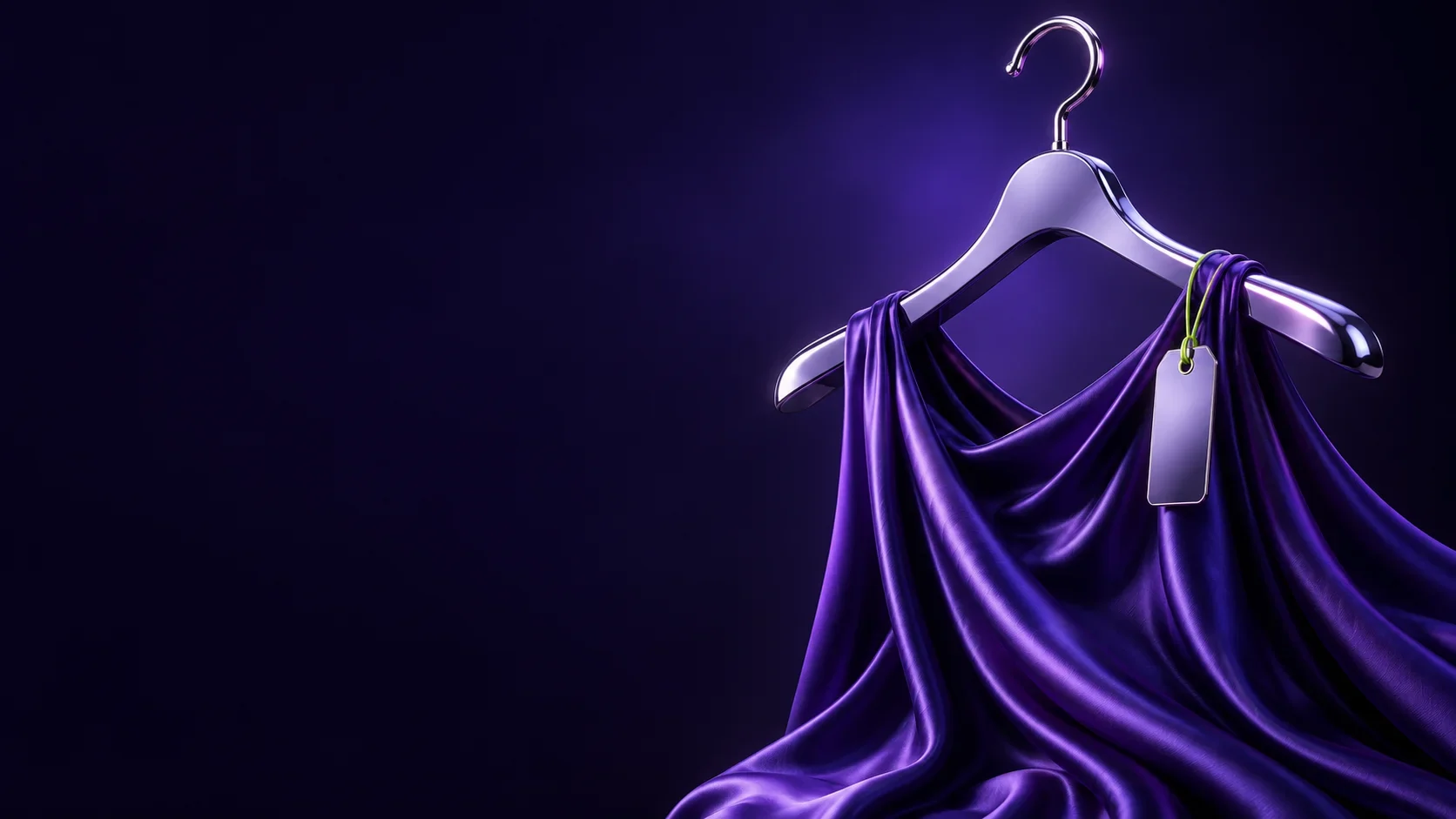 Purple dress draped over a chrome clothes hanger with a blank tag