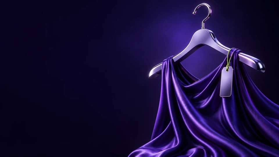 Purple dress draped over a chrome clothes hanger with a blank tag