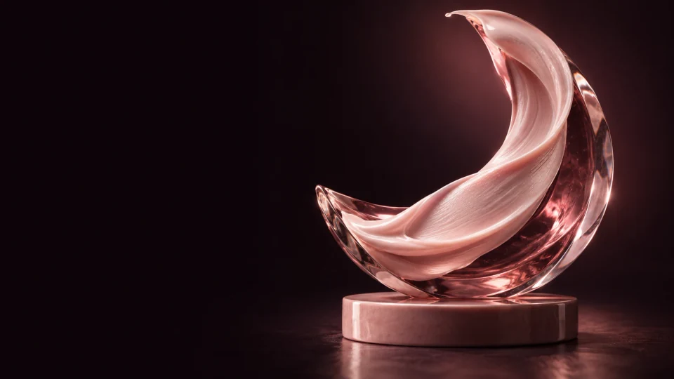 Pink cream-like ribbon held in a curved glass sculpture