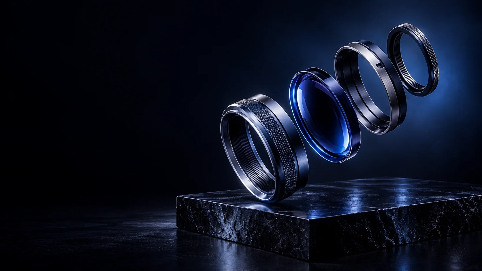 Exploded camera lens components floating above a dark plinth