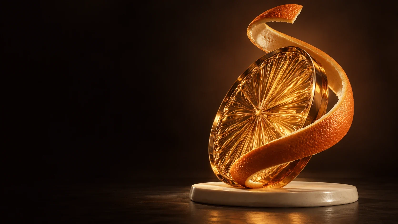 Orange peel wrapped around a translucent orange slice sculpture