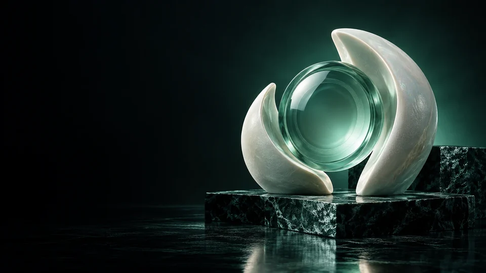 Clear green sphere cradled by two pearl-white sculptural forms