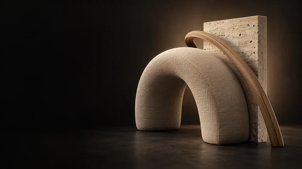 Upholstered arch, travertine slab and bent wood arranged as furniture forms