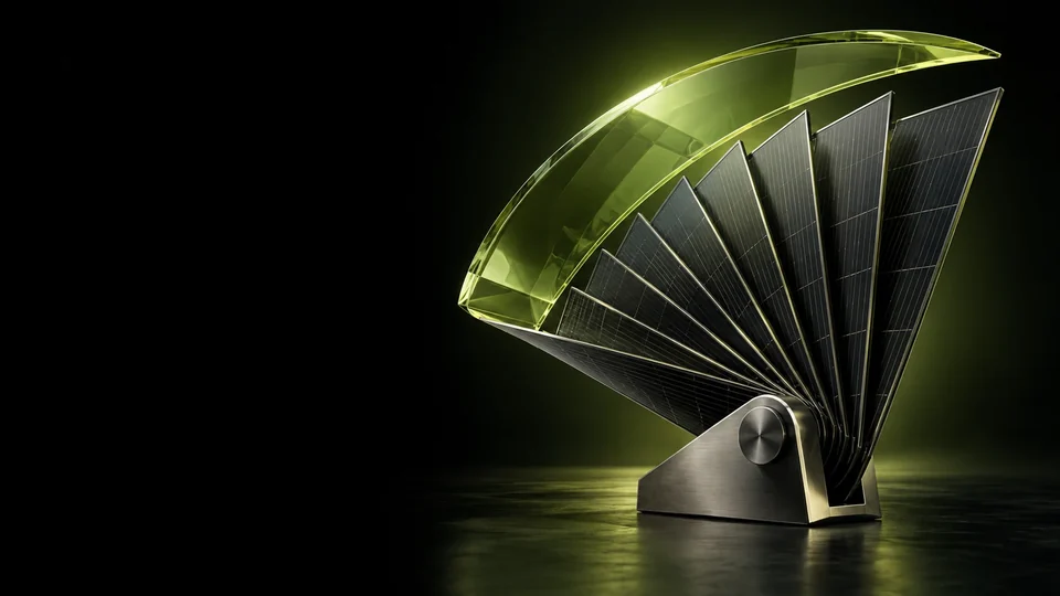 Fan of solar panels beneath a translucent green canopy