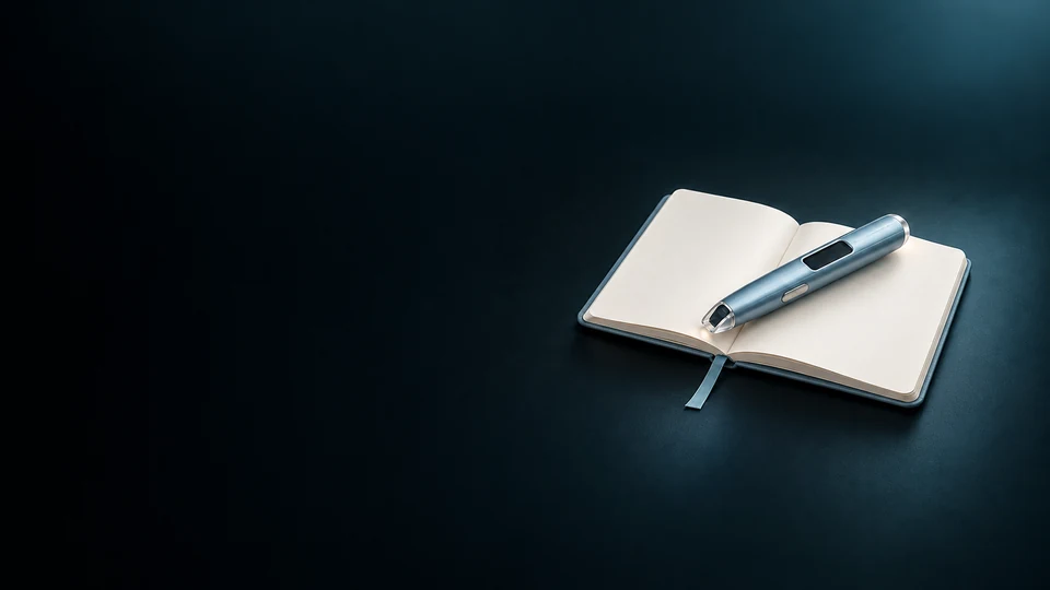 Unbranded reading pen resting across a blank notebook.