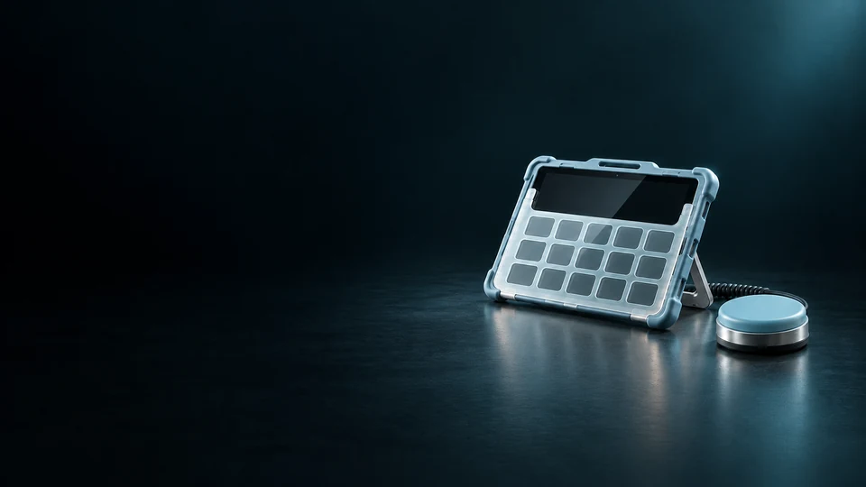 Communication tablet with a physical keyguard beside a round adaptive switch.