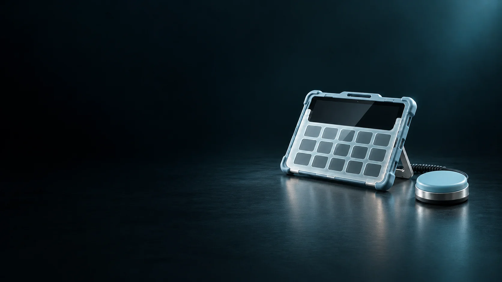 Communication tablet with a physical keyguard beside a round adaptive switch.