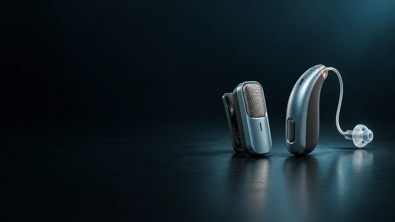 Clip-on remote microphone beside a behind-the-ear hearing device.