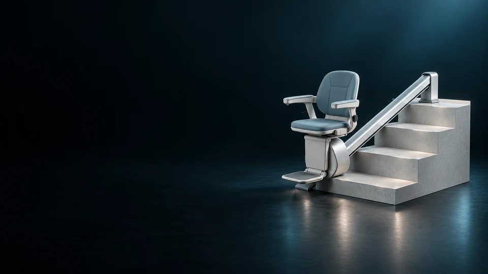 Architectural model of an empty stairlift seat beside three steps.