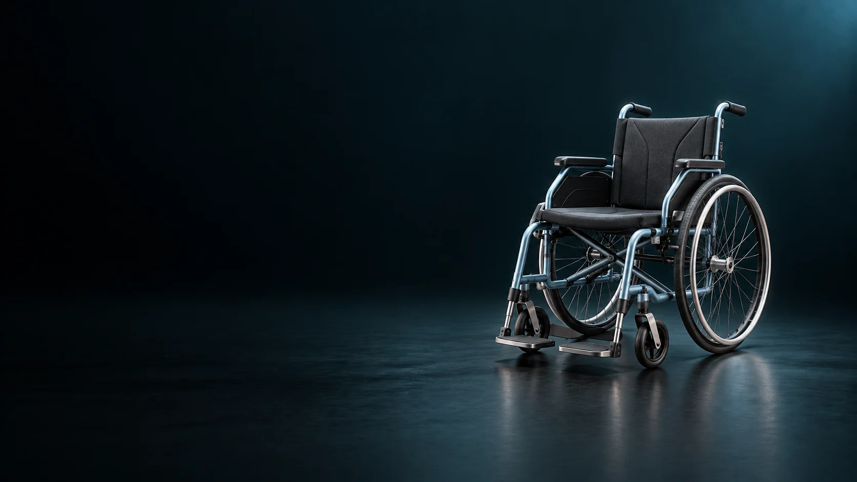 Unoccupied manual wheelchair with blue frame and charcoal seating.