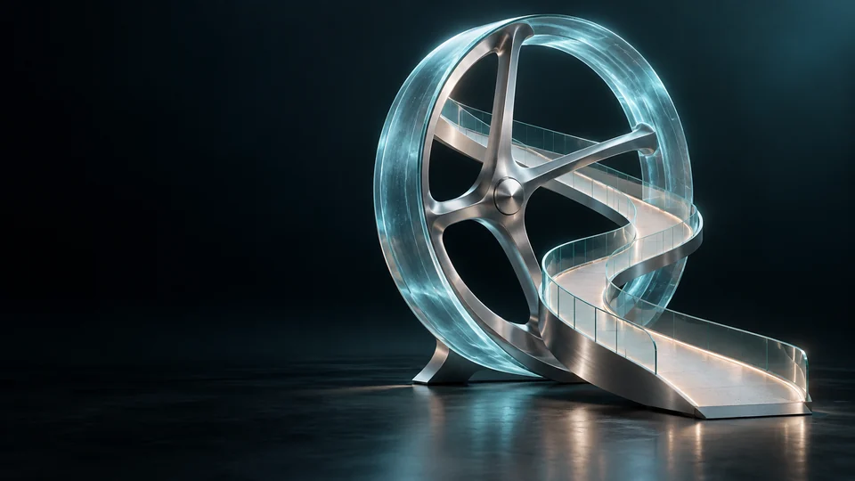A glass wheel and curved open ramp in a teal studio.