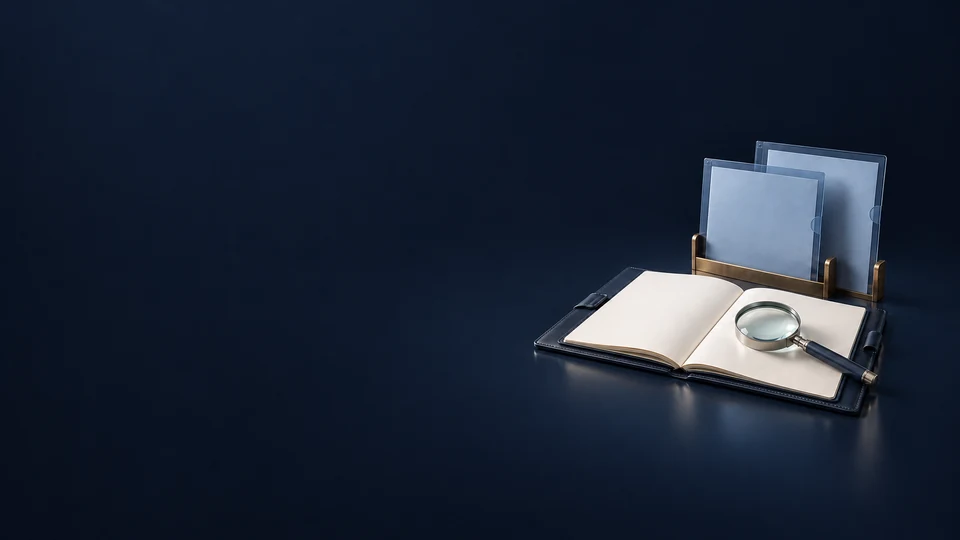 A silver magnifier rests on an open blank navy folio beside translucent document sleeves in a brass holder.