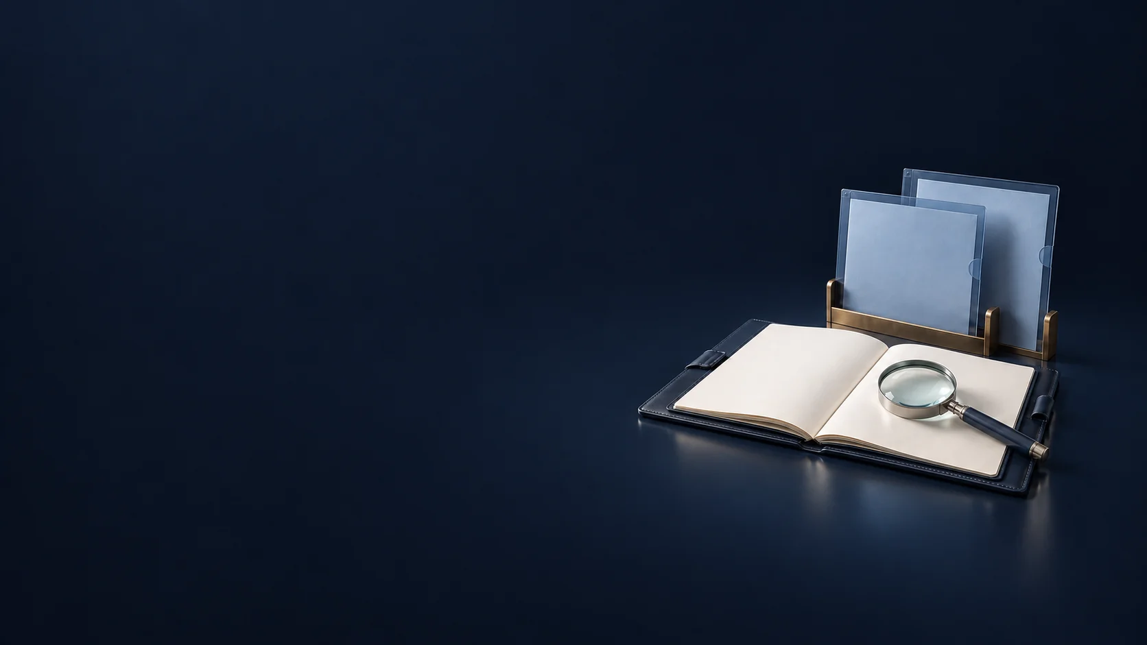 A silver magnifier rests on an open blank navy folio beside translucent document sleeves in a brass holder.