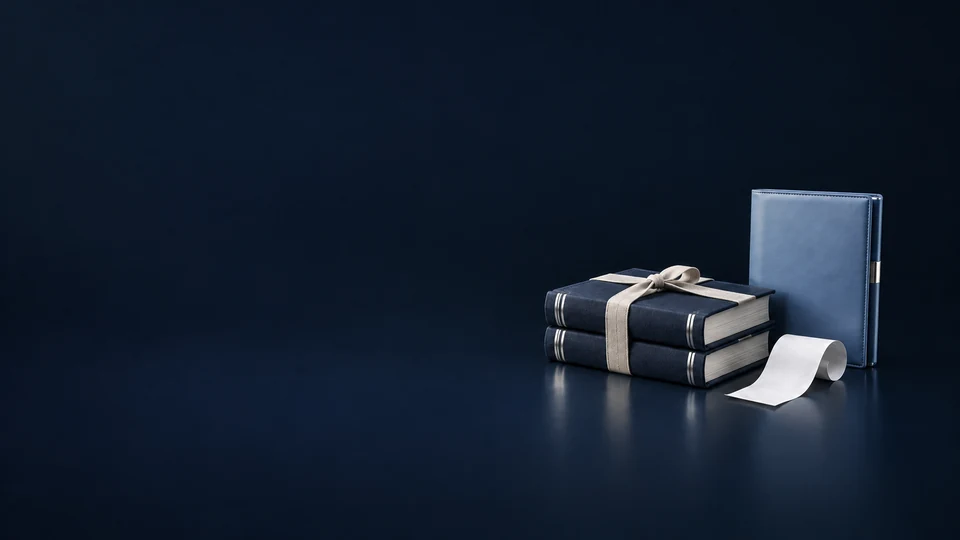 Two navy ledgers tied with linen sit beside a blue folio and a curled blank receipt strip.