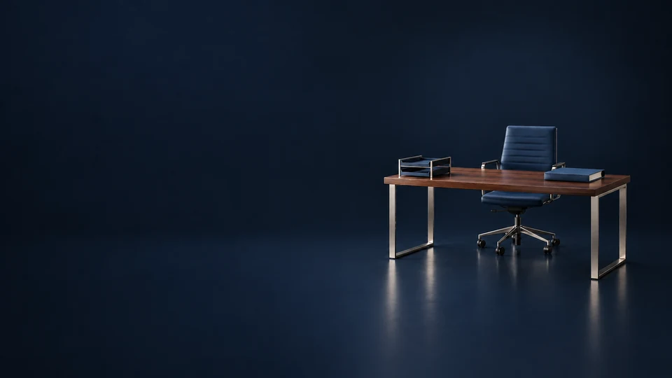 A miniature walnut worktable with a navy office chair holds a paper tray and a closed blue binder.