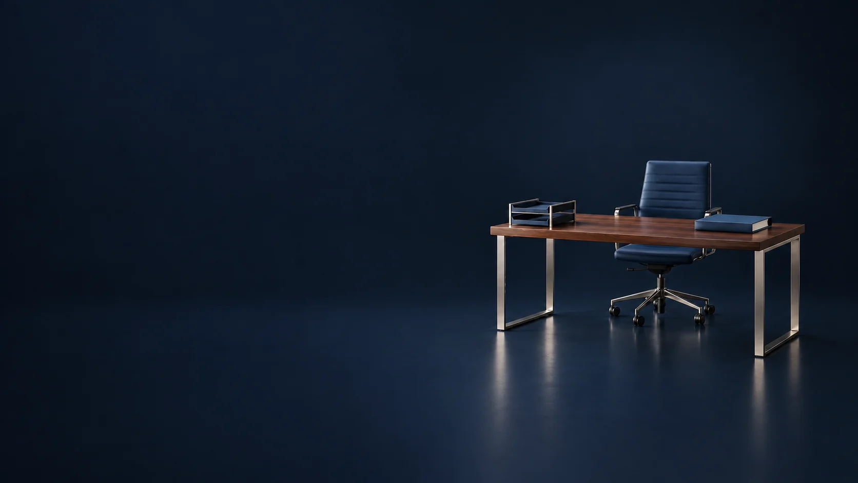 A miniature walnut worktable with a navy office chair holds a paper tray and a closed blue binder.