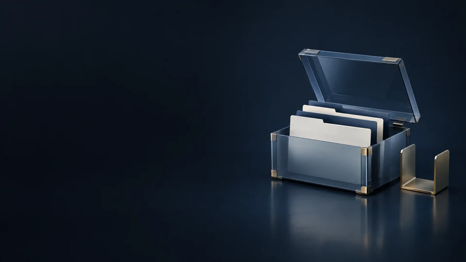 Blank folders fill an open translucent blue document case beside a separate brass document support.