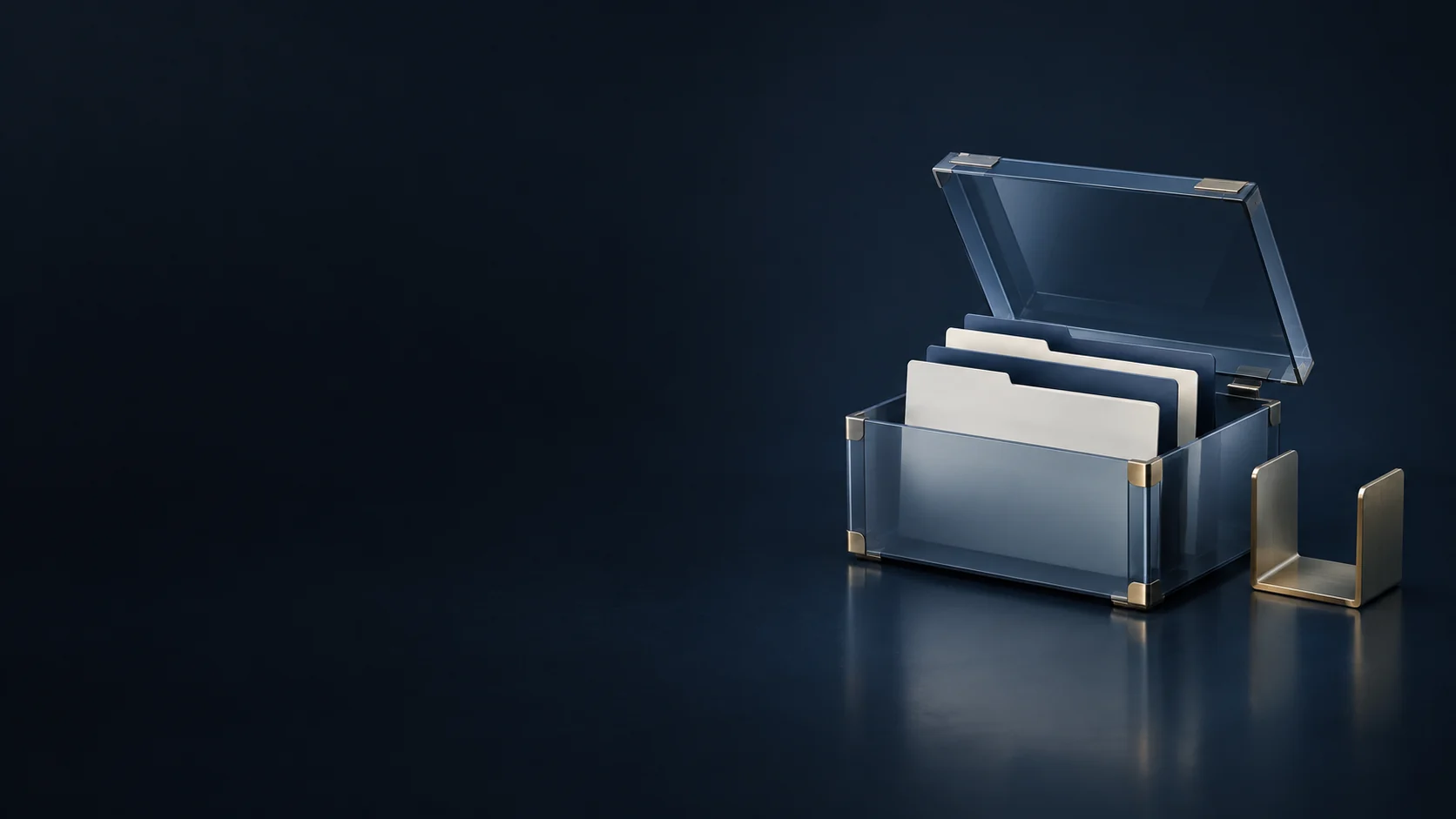 Blank folders fill an open translucent blue document case beside a separate brass document support.