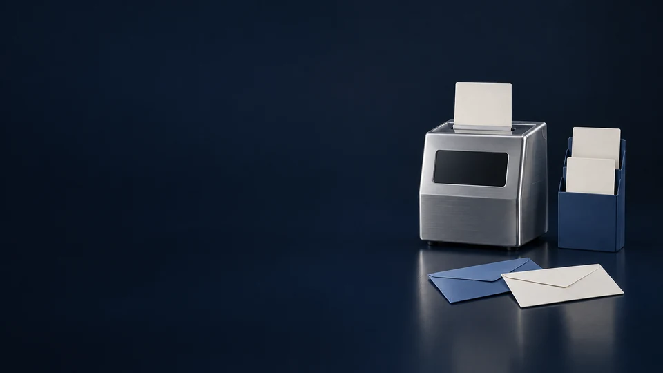 A silver time-card machine and navy card rack stand behind two blank envelopes.