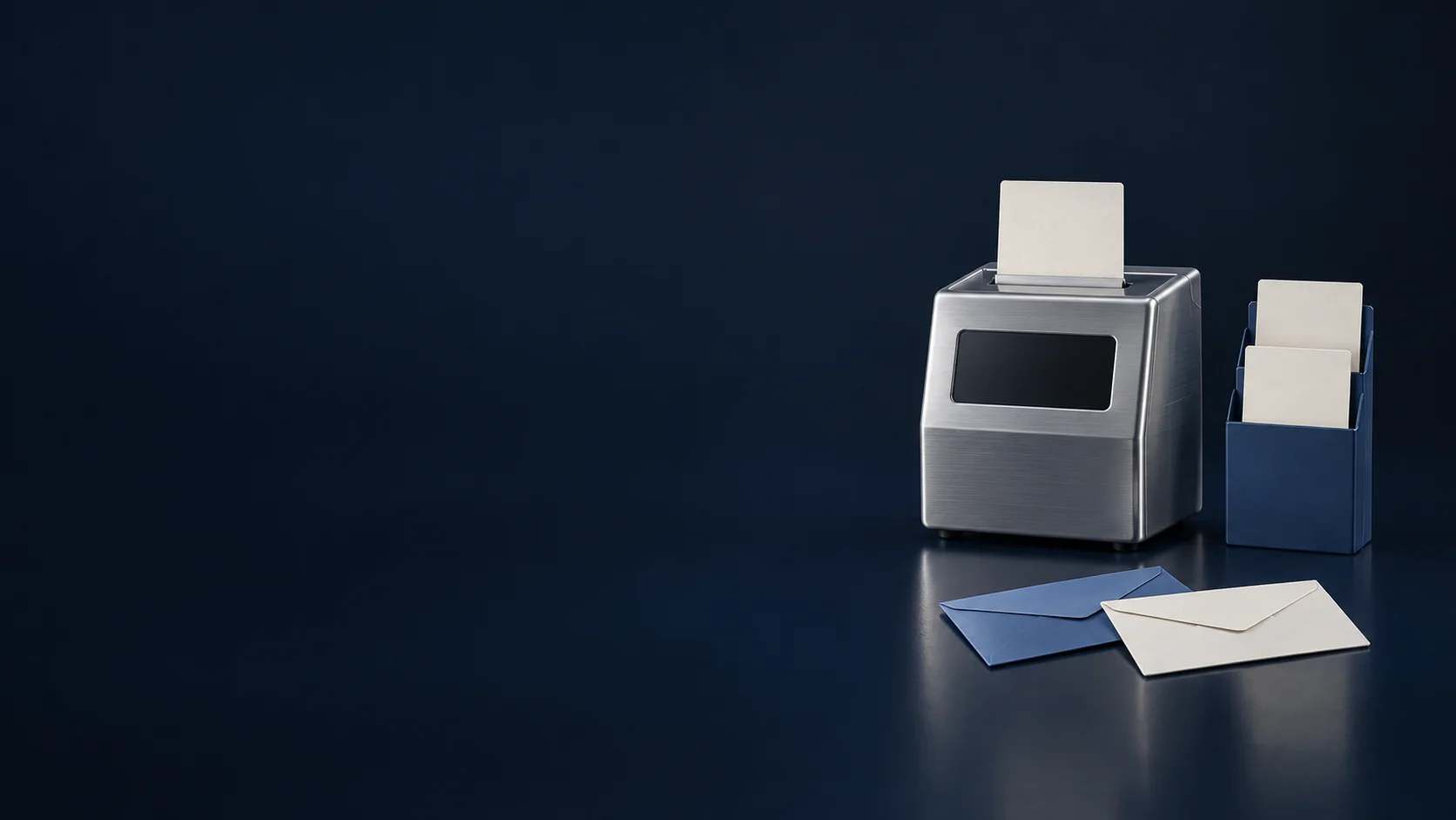 A silver time-card machine and navy card rack stand behind two blank envelopes.