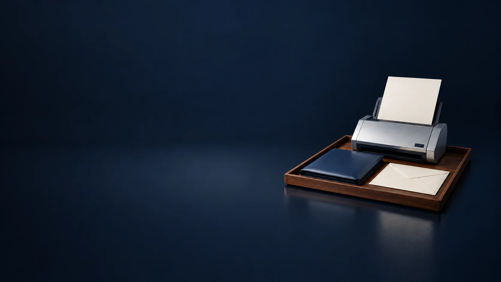 A silver document scanner, blank paper, navy folio and ivory envelope sit together on a walnut tray.