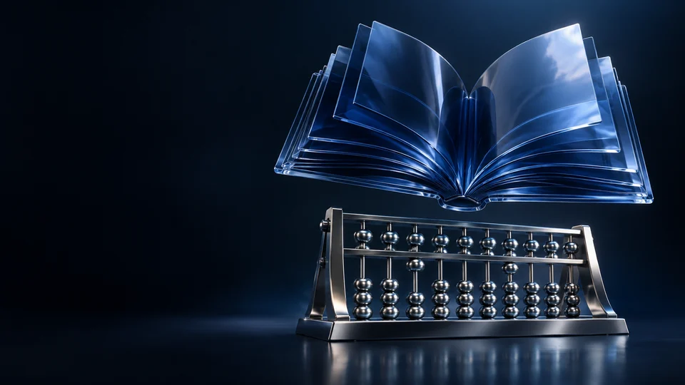 An open blue glass ledger above a silver abacus.