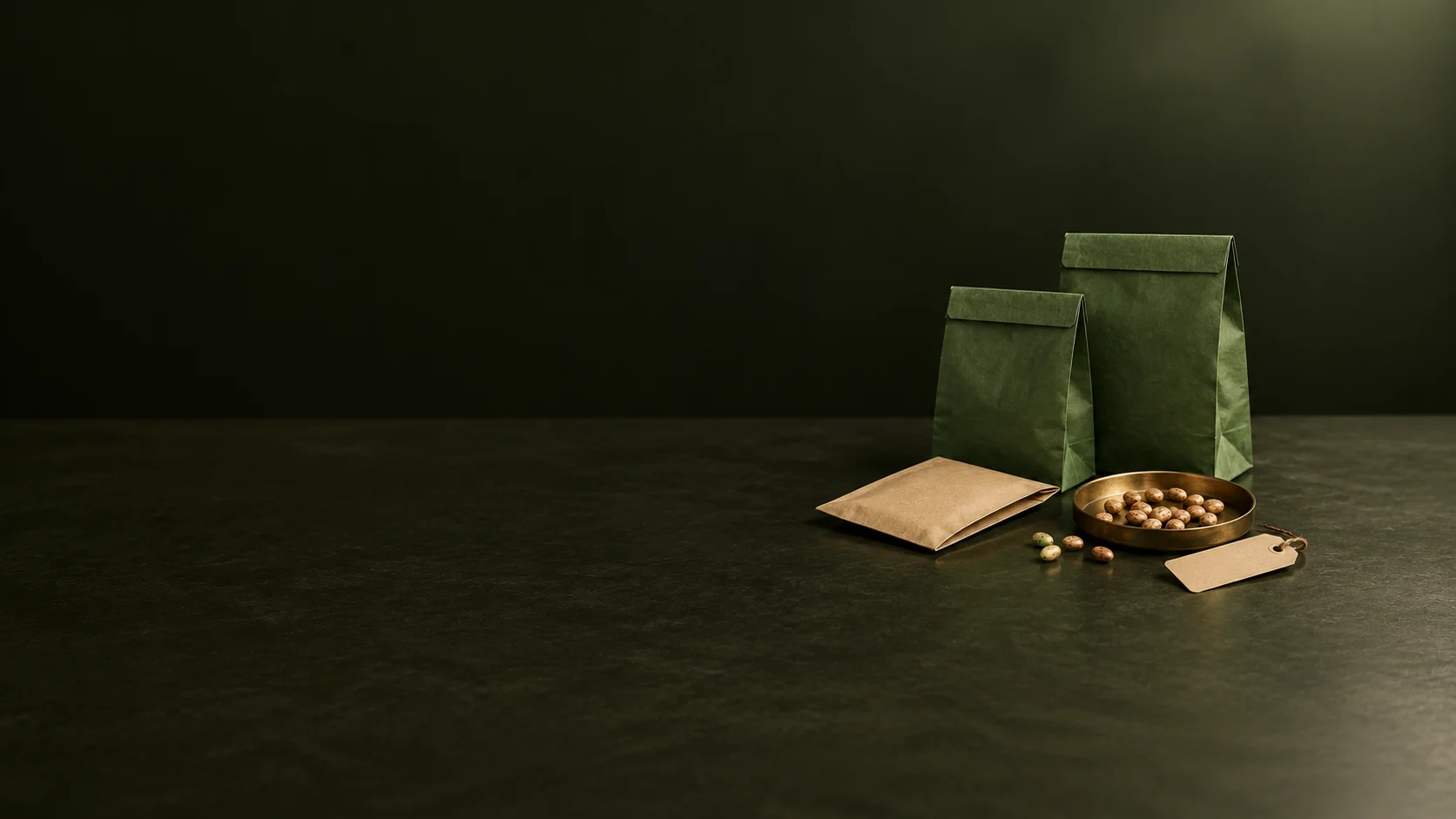 Green seed packets, a brass dish of seeds and a blank lot tag on a dark olive surface.