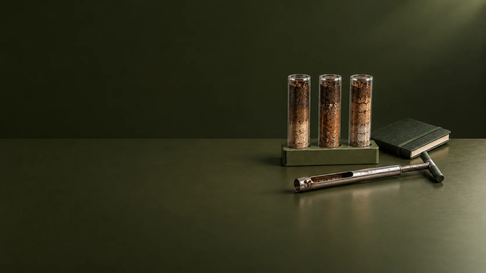 Three soil-core samples, a field notebook and a metal soil corer on a dark green surface.