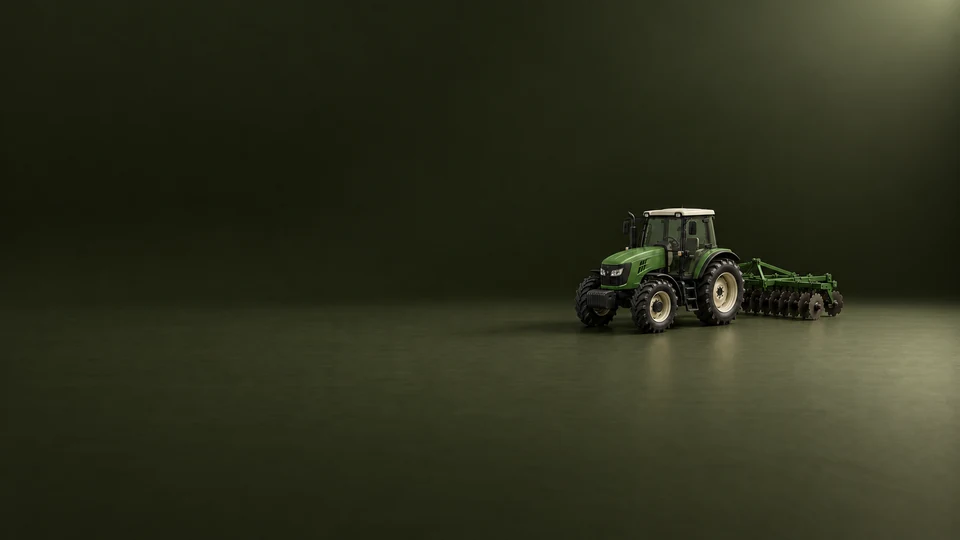 An unbranded green tractor model with a rear disc cultivator on a dark olive surface.
