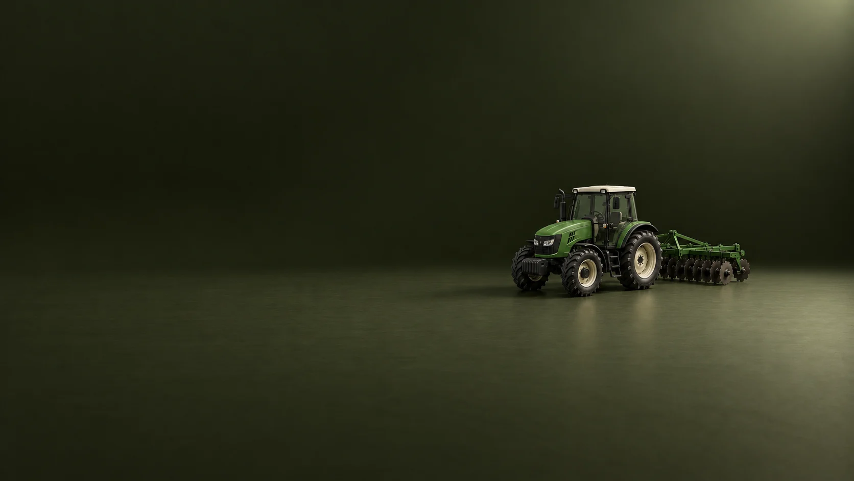An unbranded green tractor model with a rear disc cultivator on a dark olive surface.