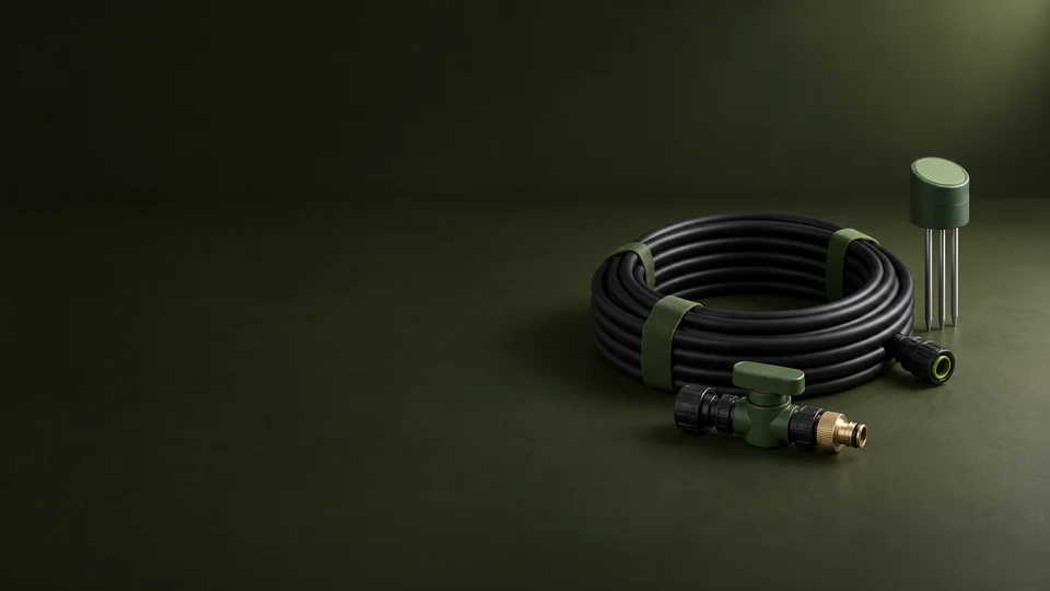 A black irrigation-tube coil with an inline valve, brass fitting and soil probe.
