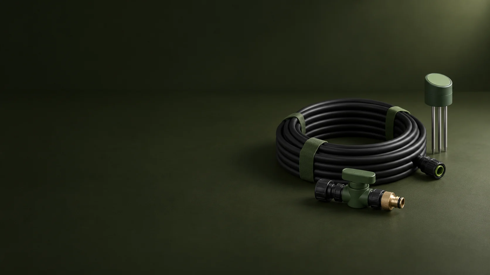 A black irrigation-tube coil with an inline valve, brass fitting and soil probe.