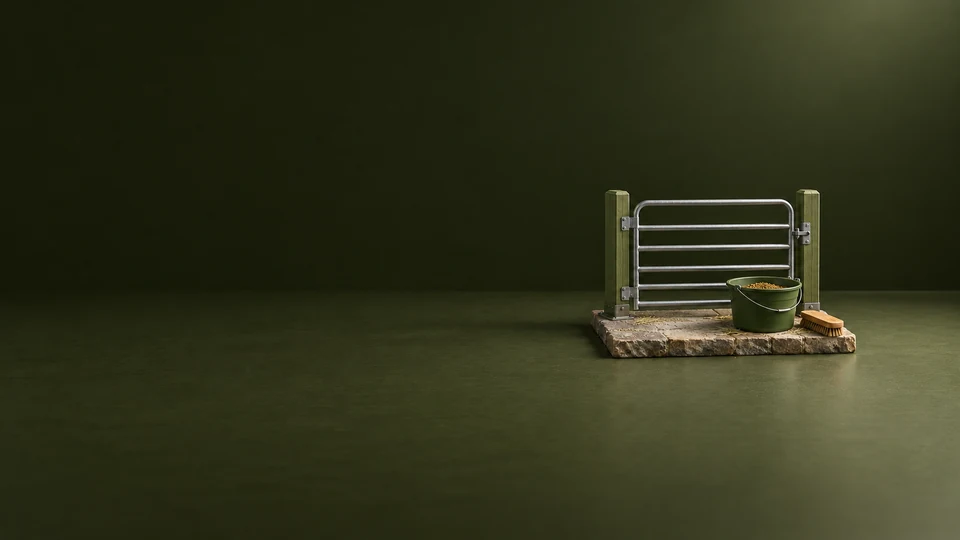 A miniature livestock gate with a green feed bucket and wooden brush on a stone base.