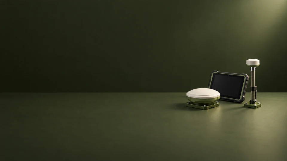 A GNSS receiver, inactive rugged tablet and sensor mast on a dark olive table.