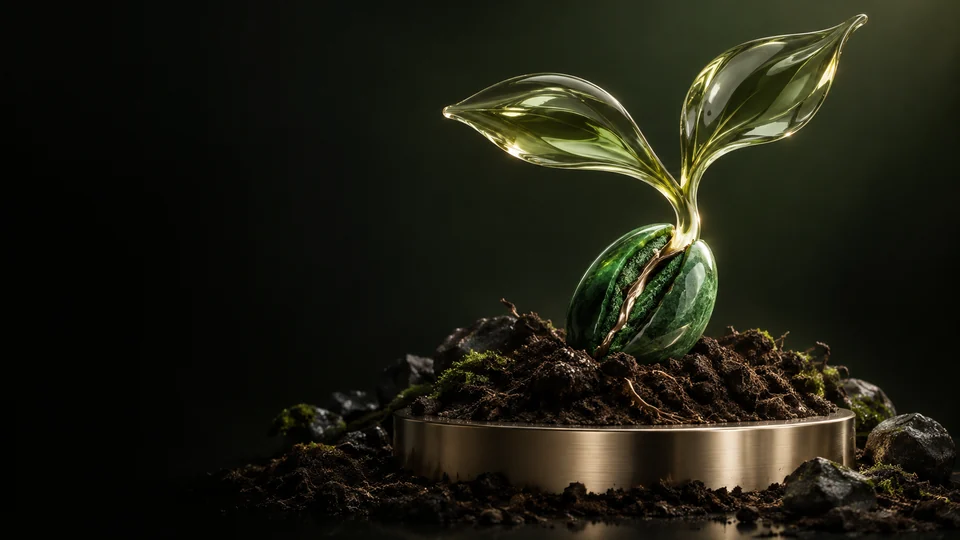 A translucent green sprout rising from a seed-shaped stone in soil, surrounded by a brass ring.