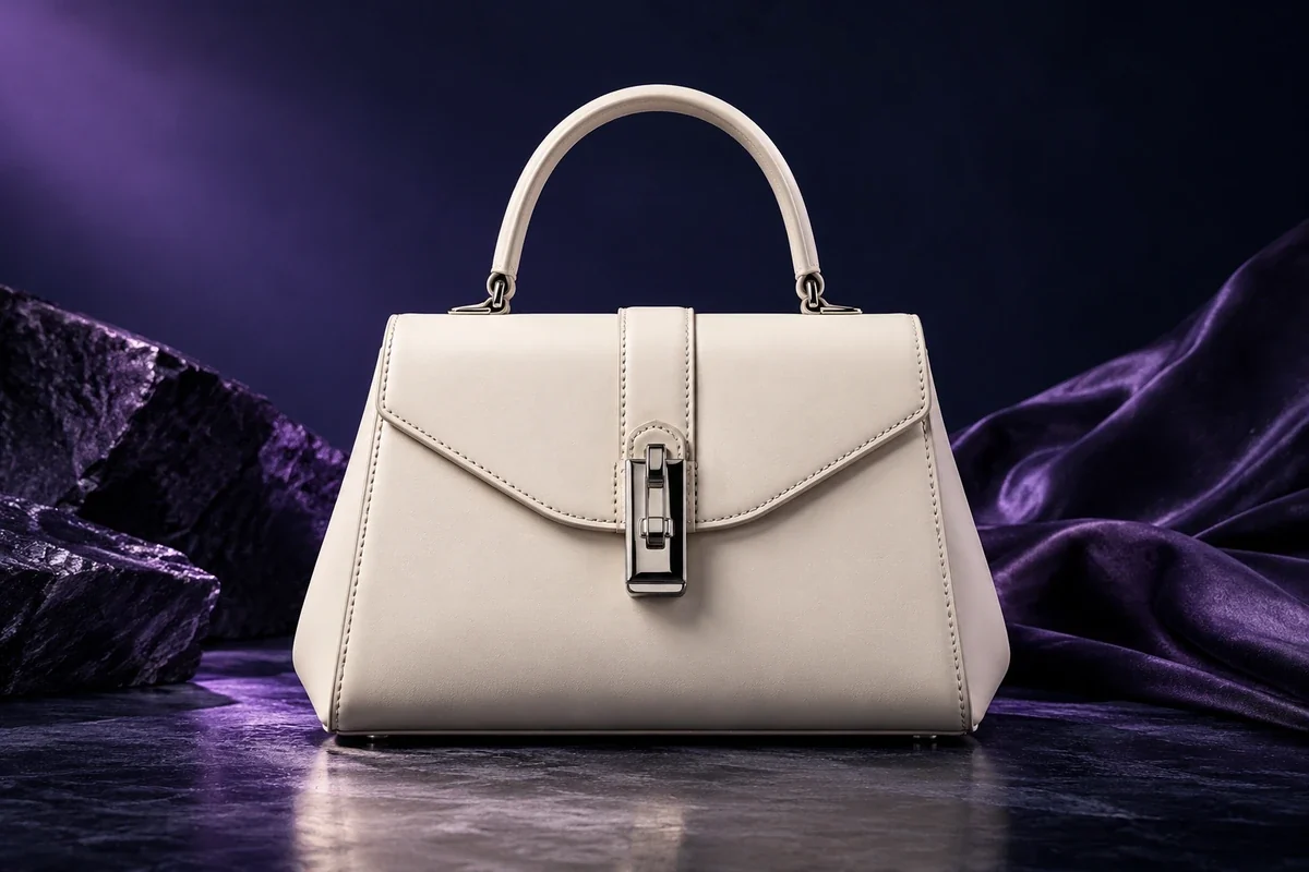 Ivory leather handbag with a silver clasp