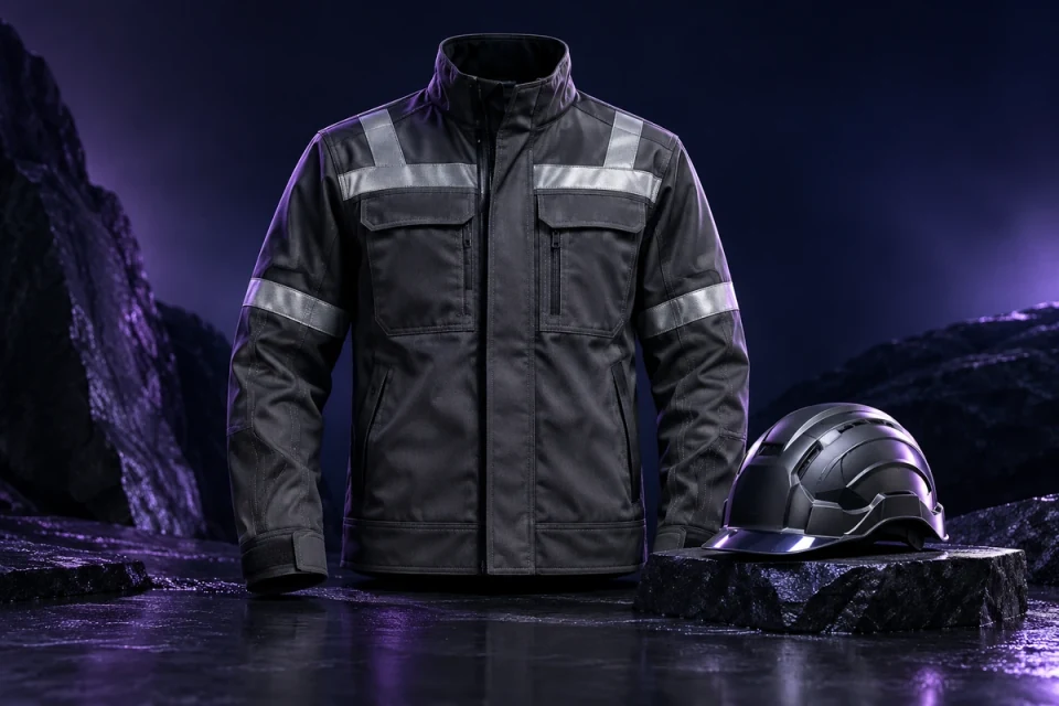 Reflective work jacket and protective helmet