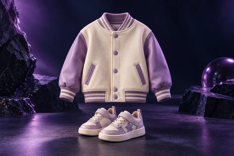 Child-sized varsity jacket and sneakers