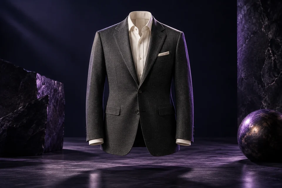 Tailored charcoal blazer and ivory shirt