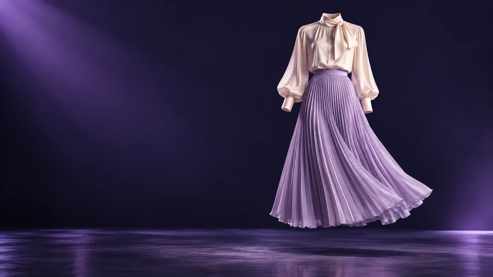 Ivory blouse and lavender pleated skirt
