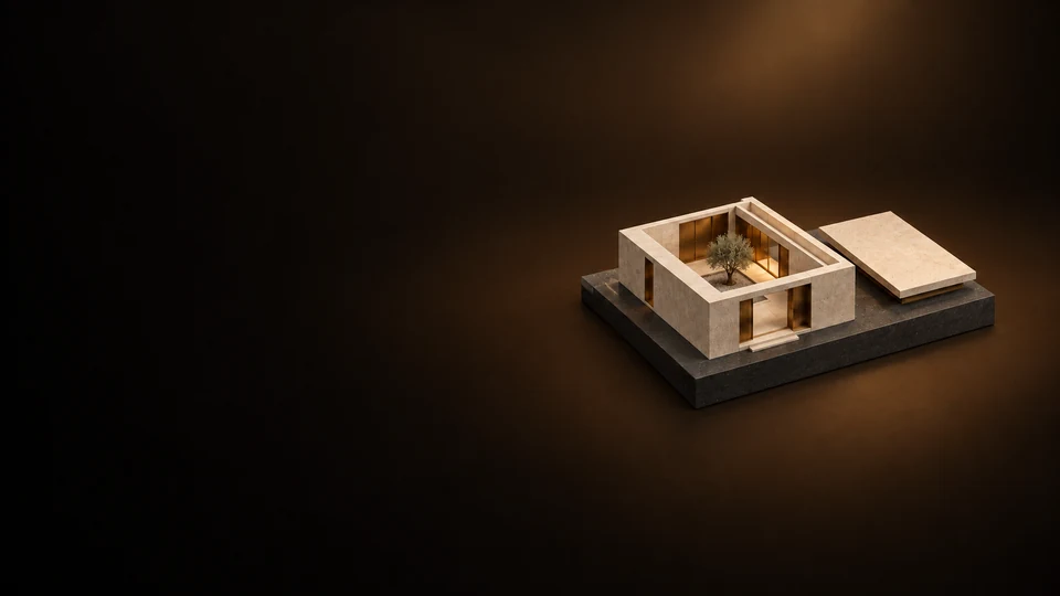 Ivory courtyard building study model with a removable roof plane.