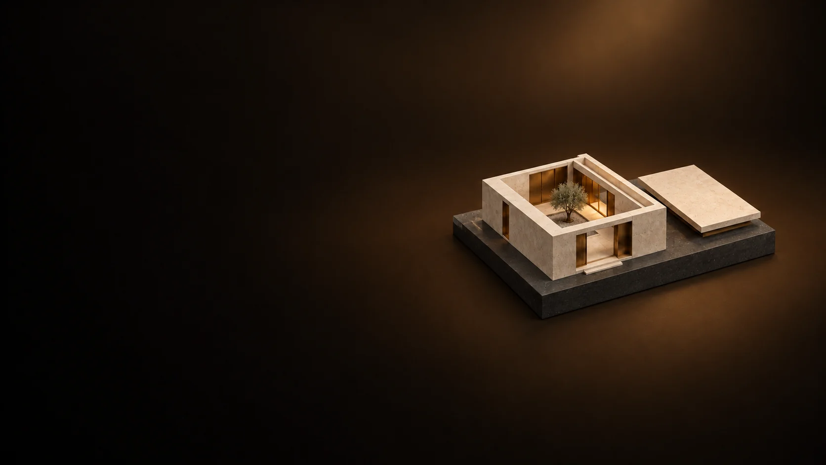 Ivory courtyard building study model with a removable roof plane.