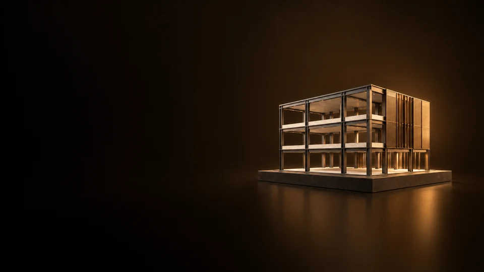 Three-storey commercial building frame model with partial facade panels.