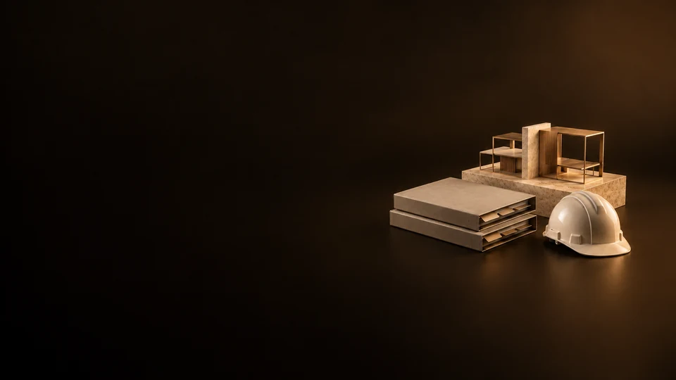 Tabbed project folios beside a compact building-frame study model.