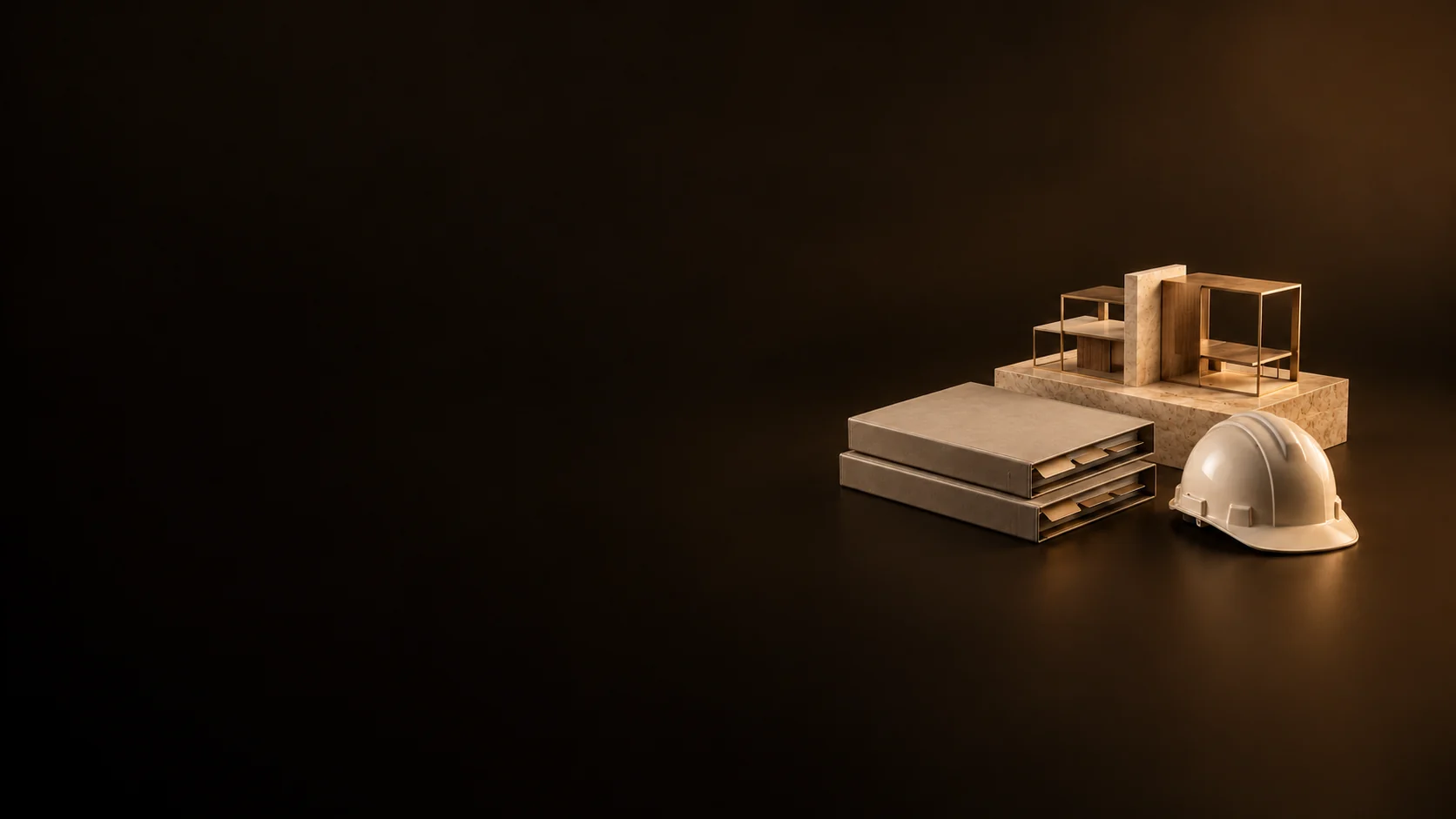 Tabbed project folios beside a compact building-frame study model.