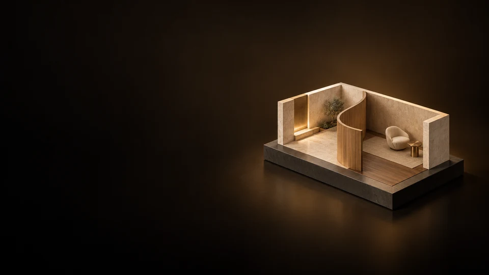 Open room maquette with a curved partition, chair and material floor zones.