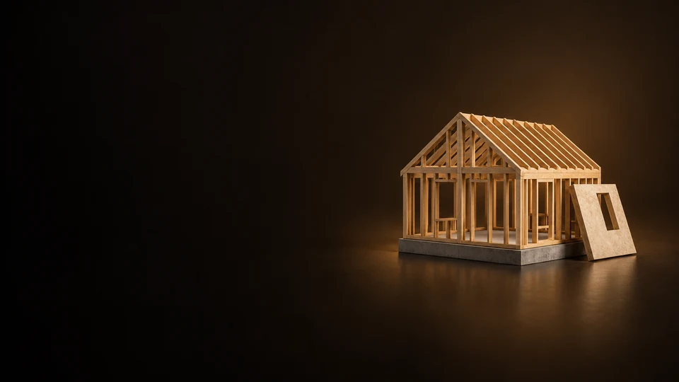 Timber-frame house study model on a simple foundation base.