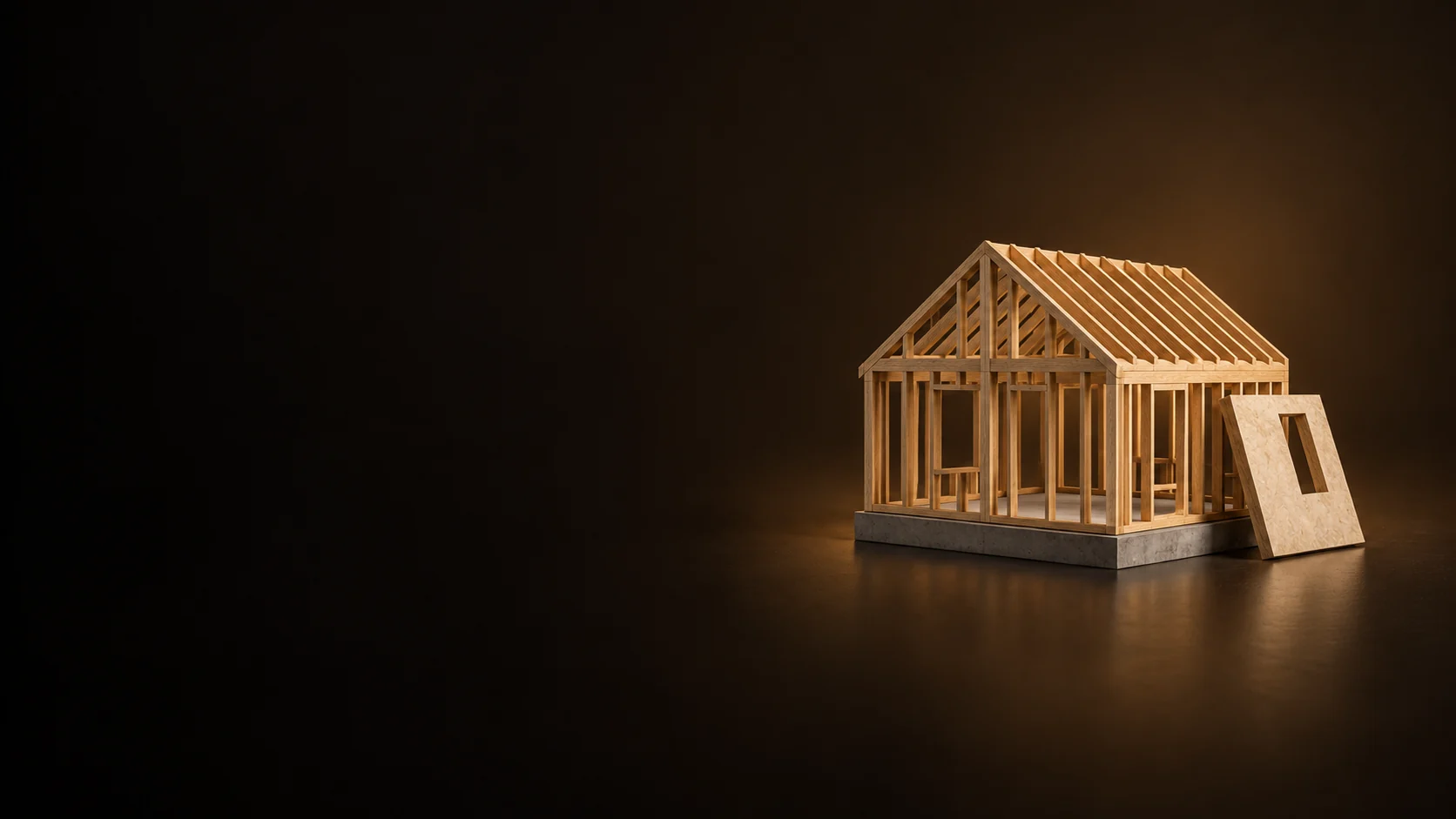 Timber-frame house study model on a simple foundation base.
