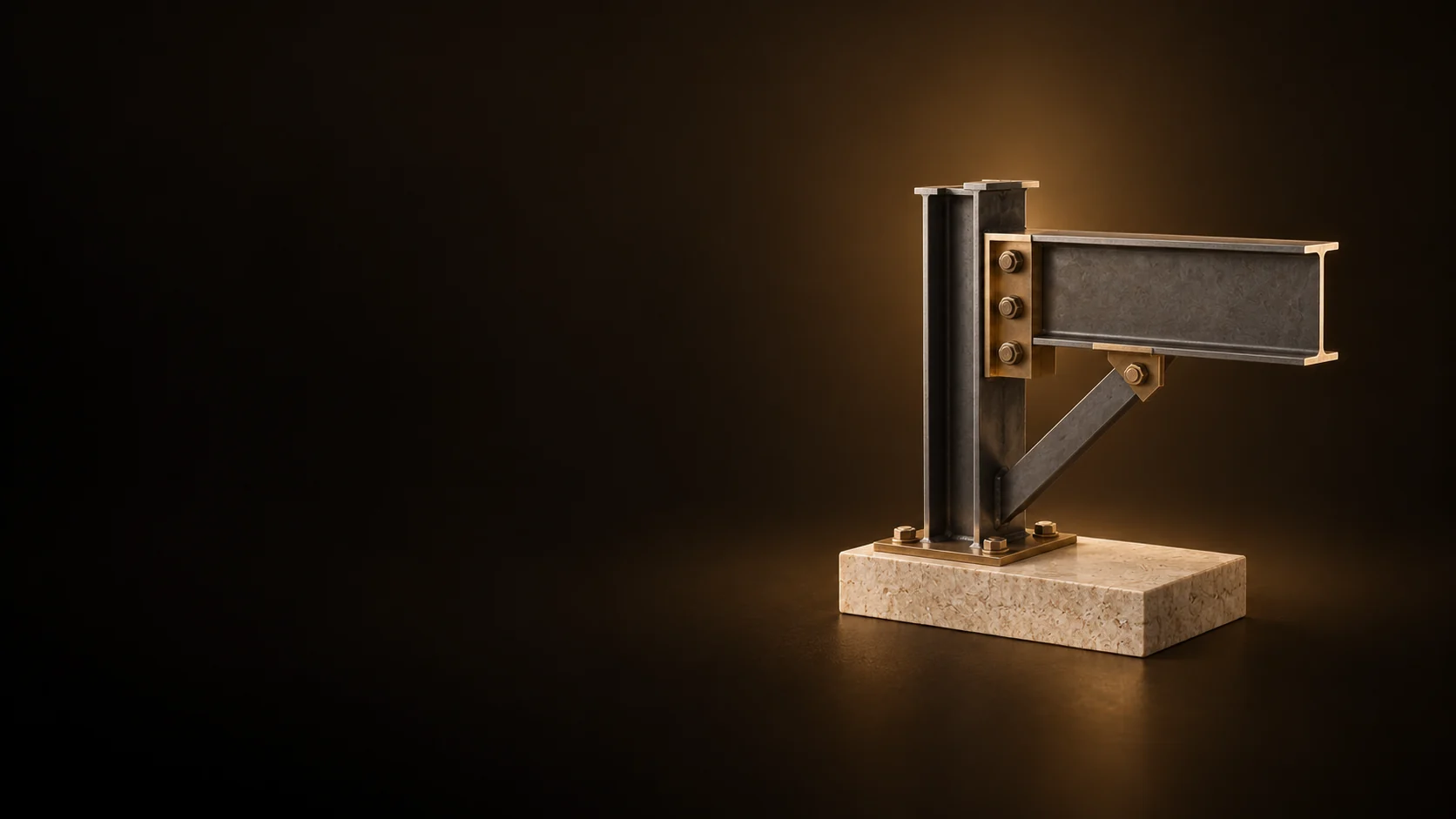 Steel beam and column connection study mounted on a small dark base.