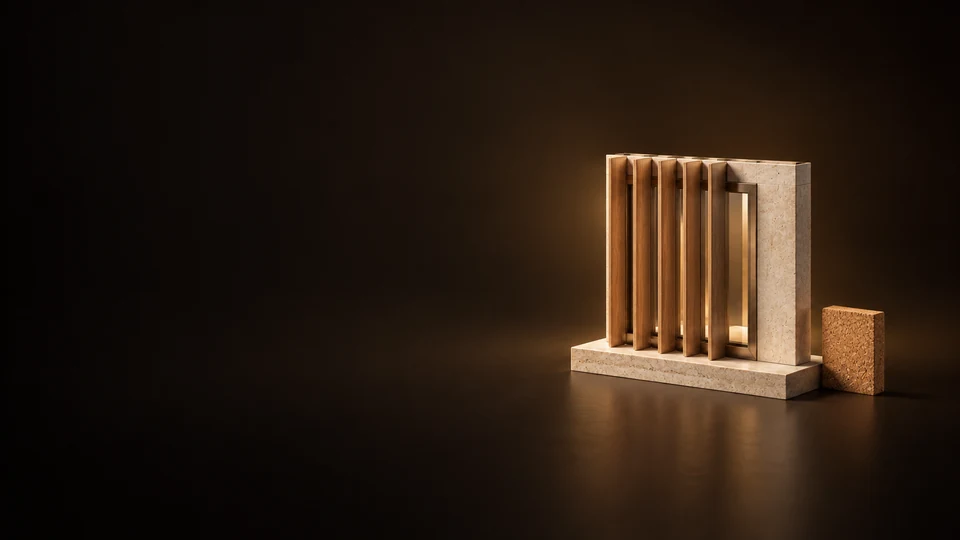 Small facade model with timber shading fins and layered wall materials.